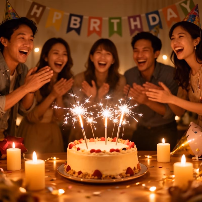 Gâteau d'anniversaire avec bougies lors d'une fête conviviale, souvenirs partagés par les invités